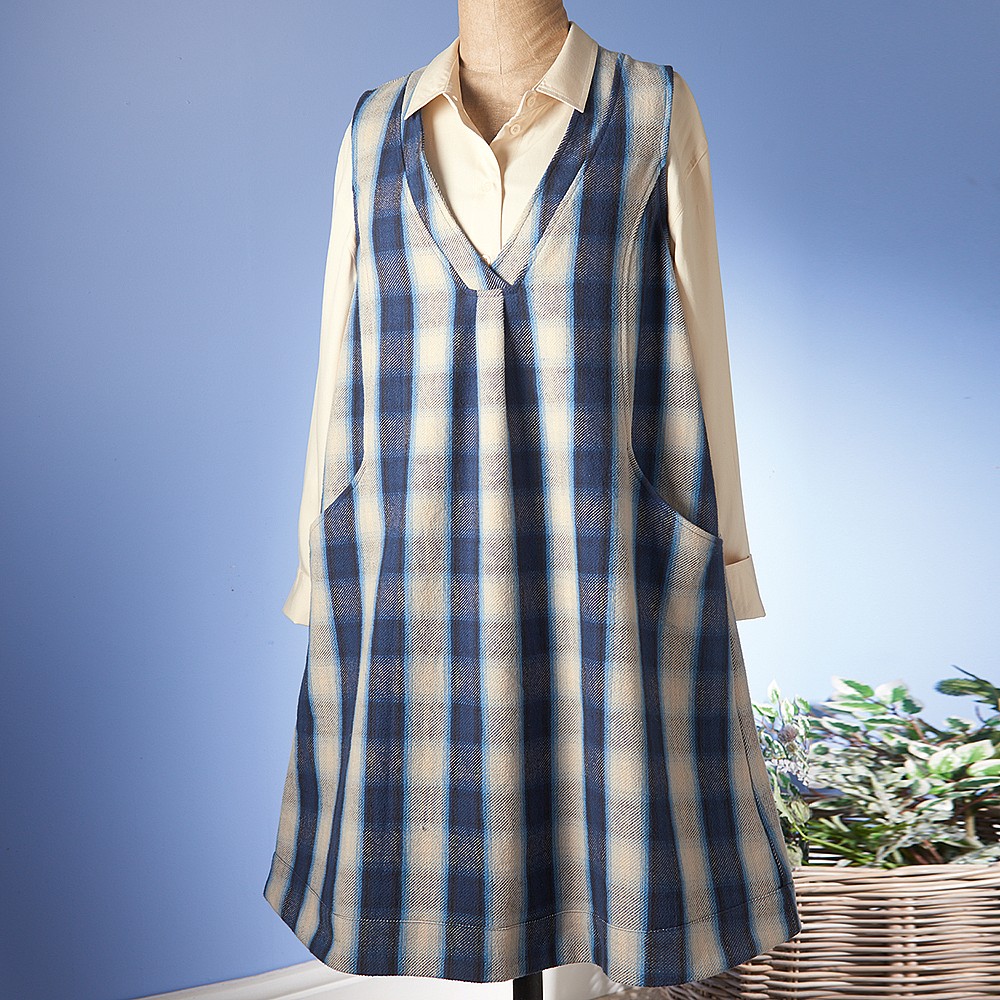 blue plaid pinafore dress