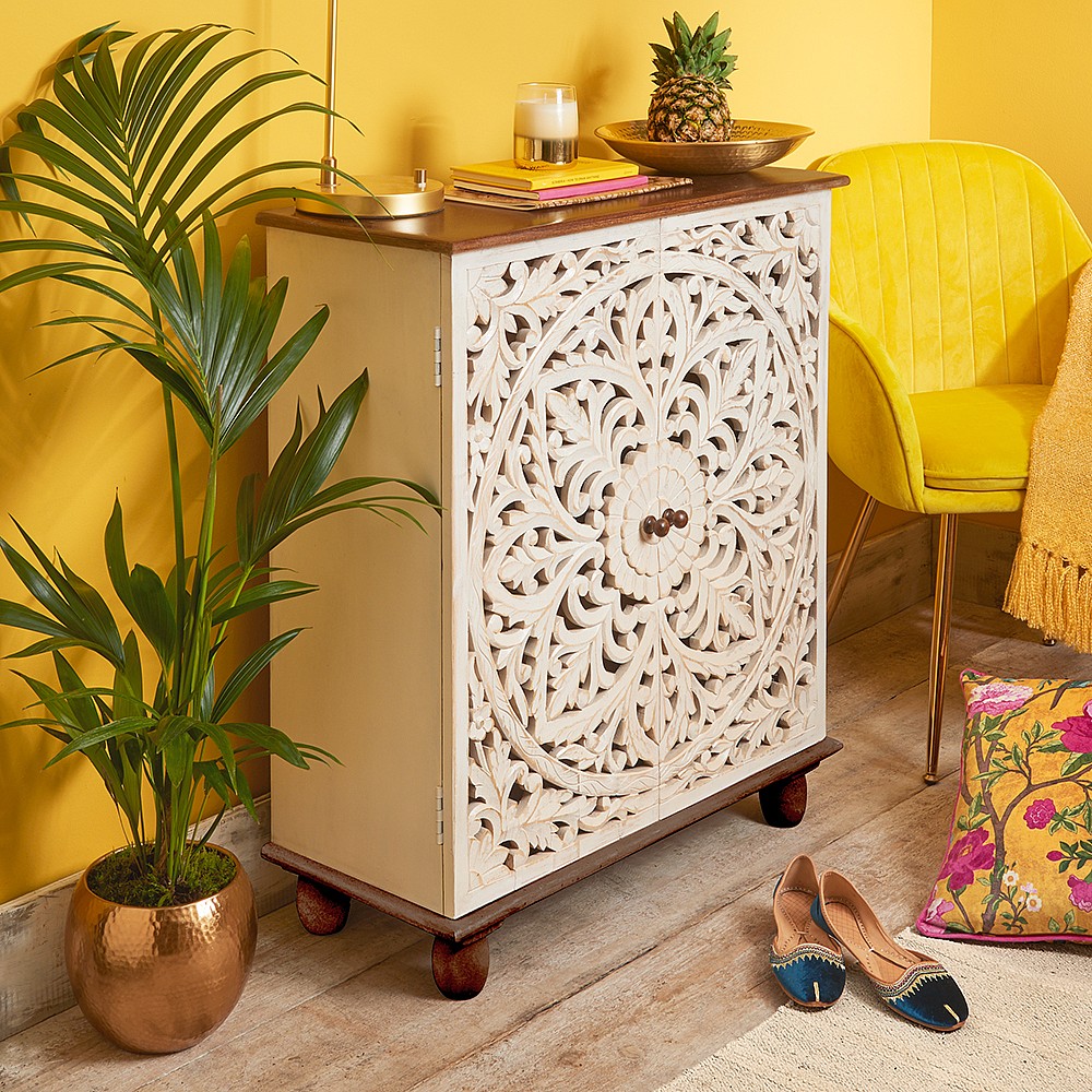 Moroccan 2 Door Cabinet Carved Wooden Storage Culture Vulture