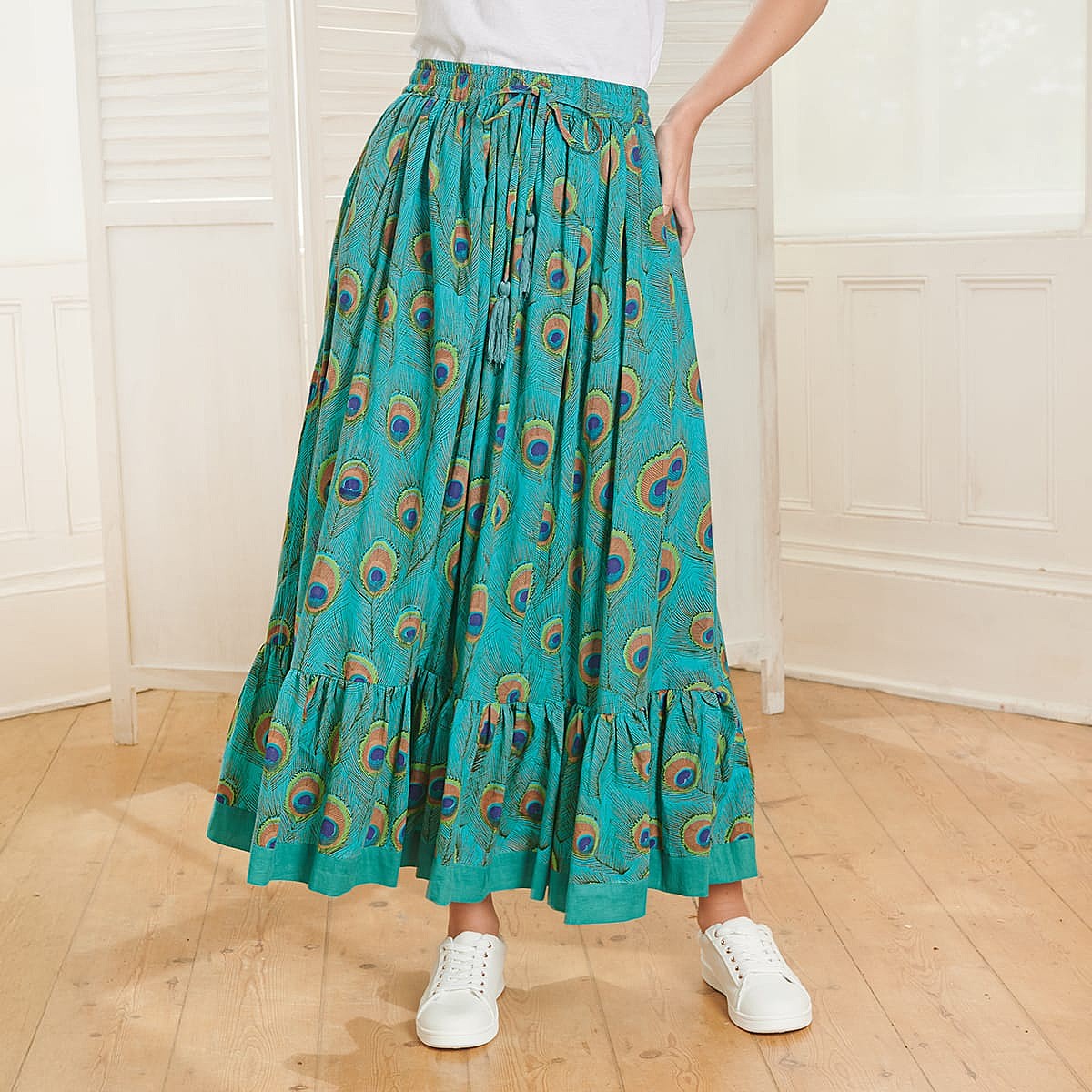 Turquoise Blue Parvani Peacock Feather Maxi Skirt Culture Vulture