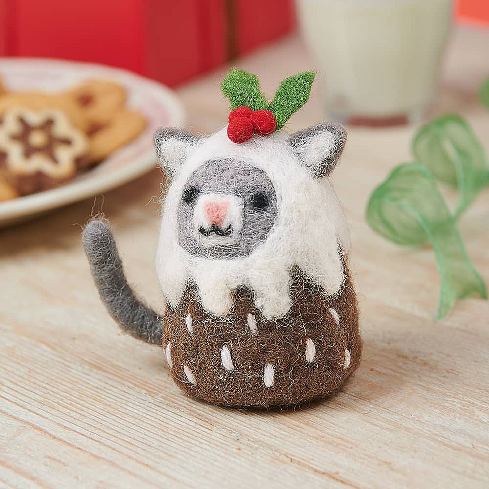Christmas Pudding Felted Cat Decoration Culture Vulture - Main Image
